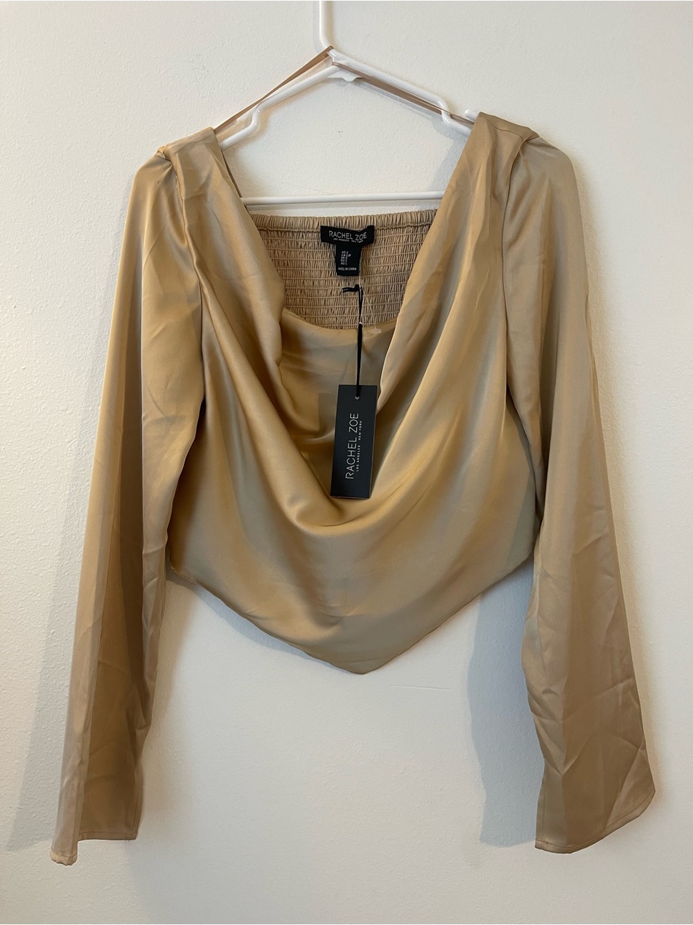 Rachel Zoe Beige Satin Cowl Long Sleeve Top
